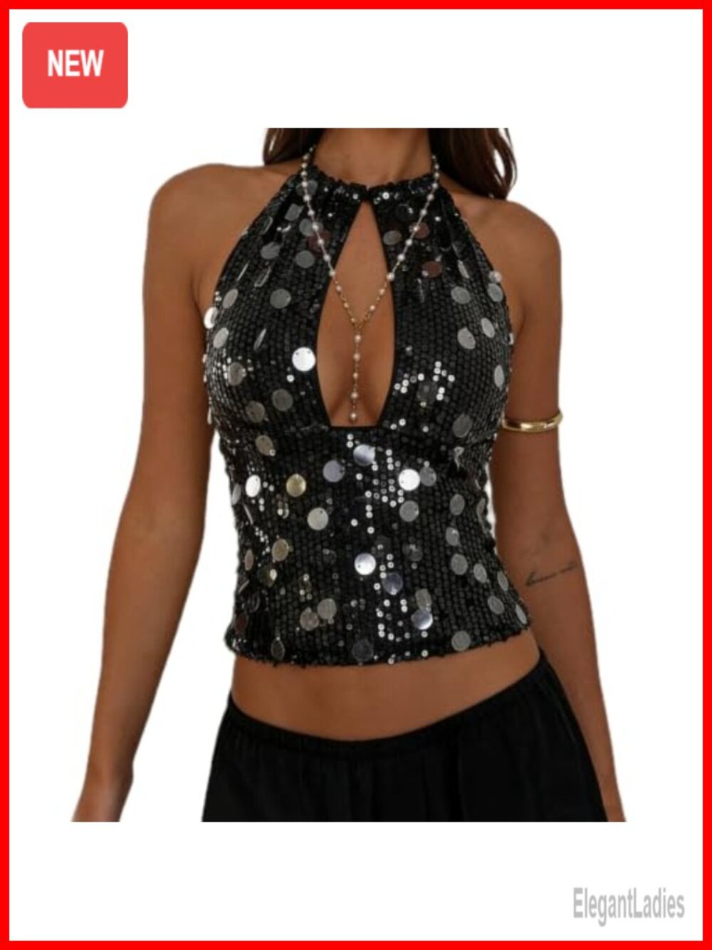 Sequin Halter Top Hollow Out Back Tie Sleeveless Glitter
